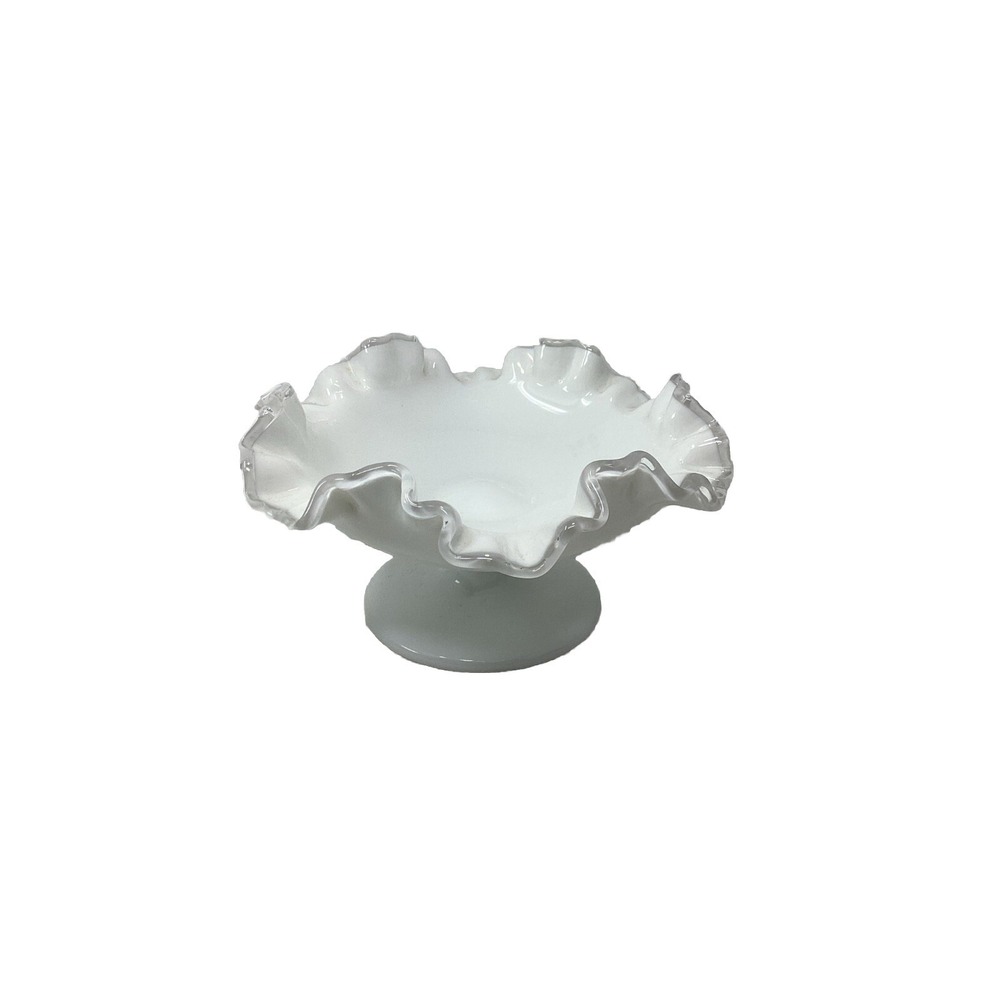 Vintage FENTON SILVER CREST Milk Glass Ruffled Pedestal COMPOTE CANDY DISH Bowl